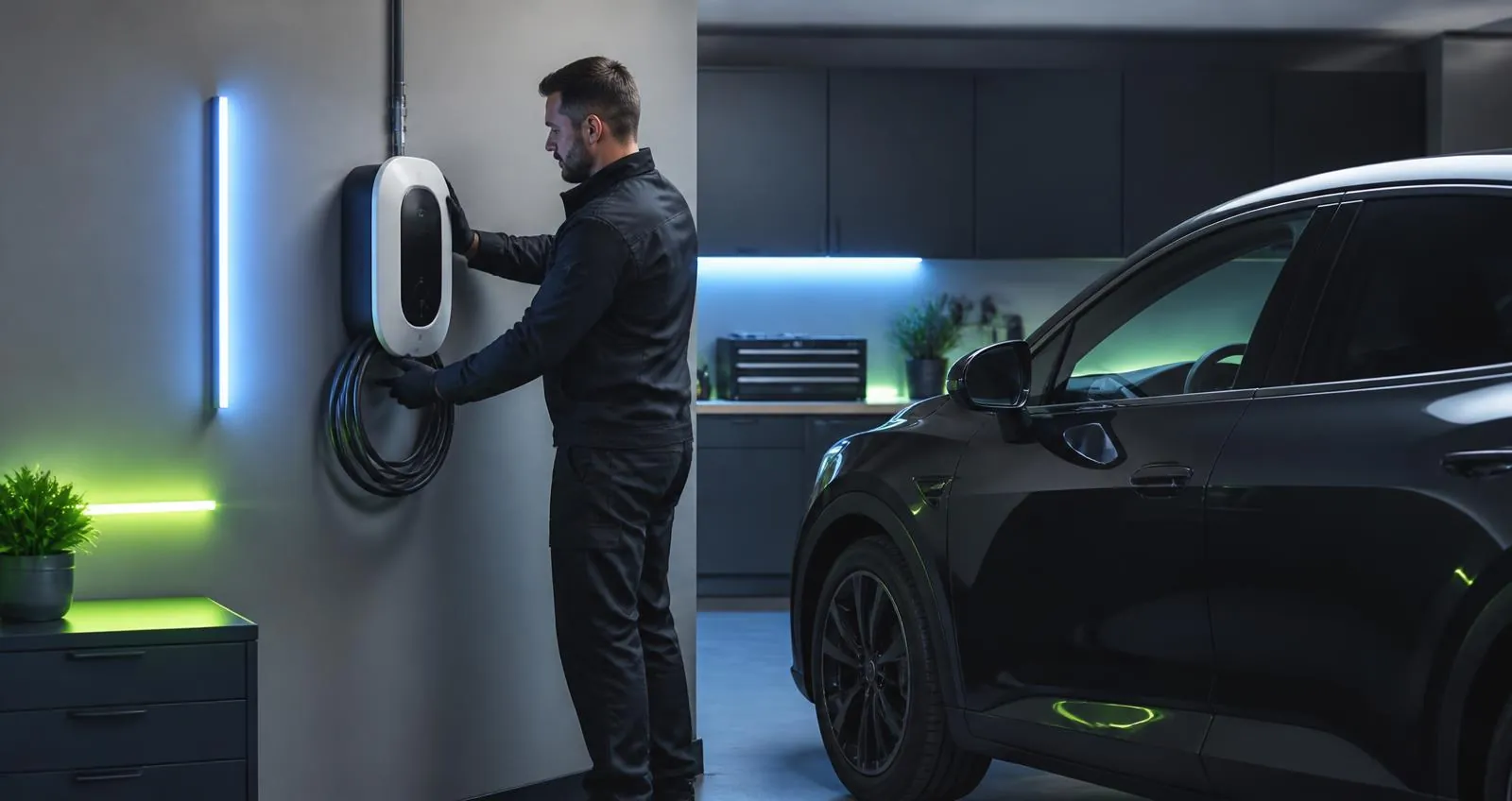 Technik montuje nabíjaciu stanicu na stenu čistej garáže vedľa elektromobilu